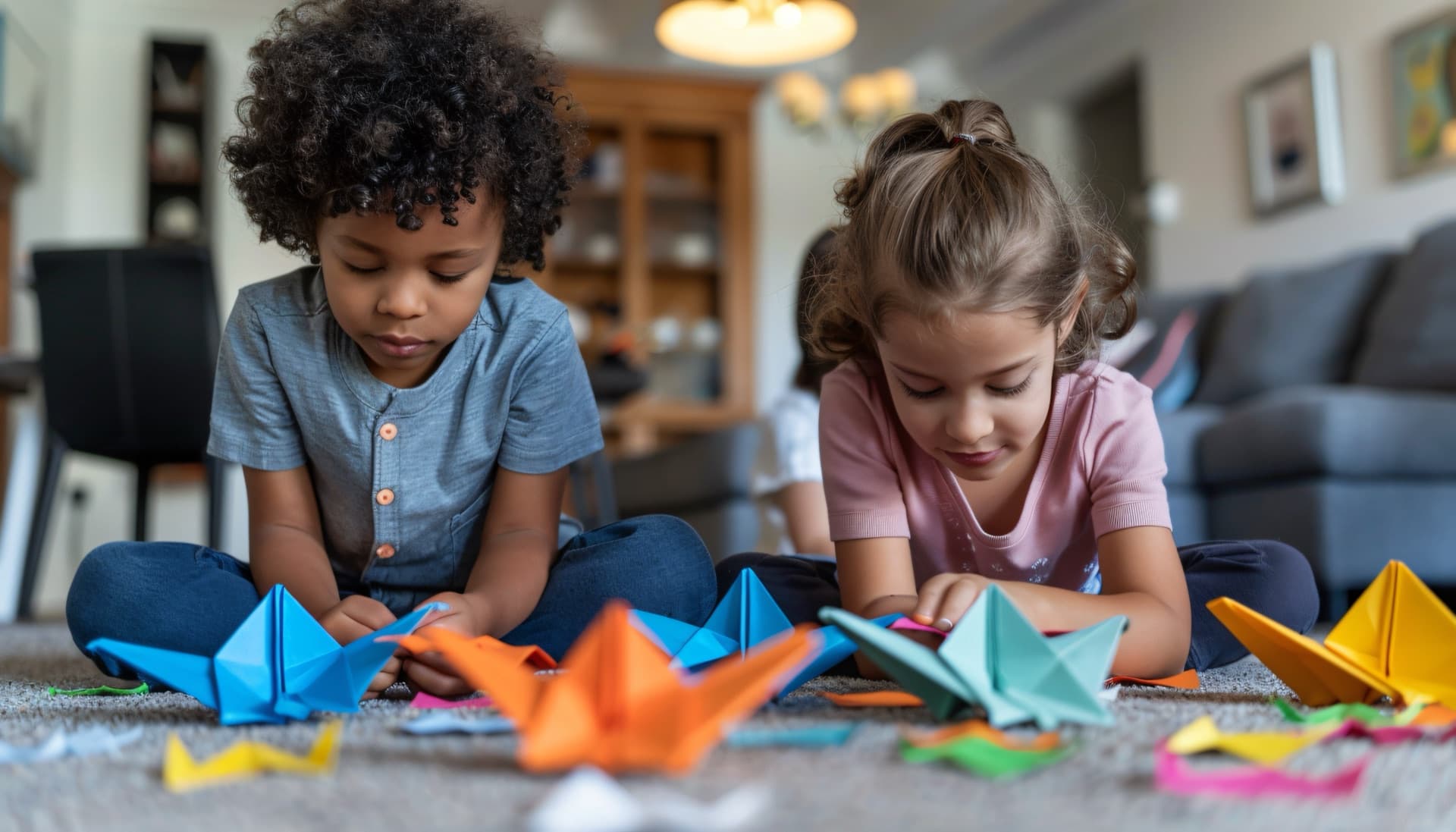 Duas crianças fazendo origami juntas no chão